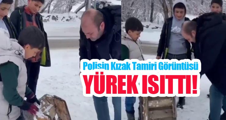 Polisin kızak tamiri görüntüsü yürek ısıttı!