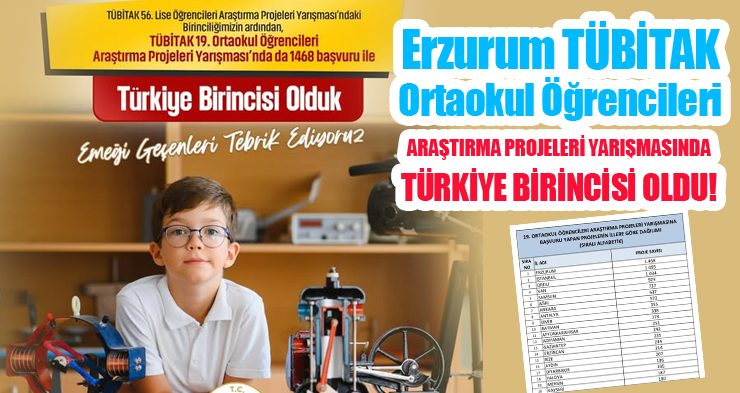 Erzurum TÜBİTAK ortaokul öğrencileri araştırma projeleri yarışmasında Türkiye birincisi oldu!