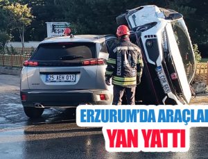 Erzurum’da araçlar yan yattı