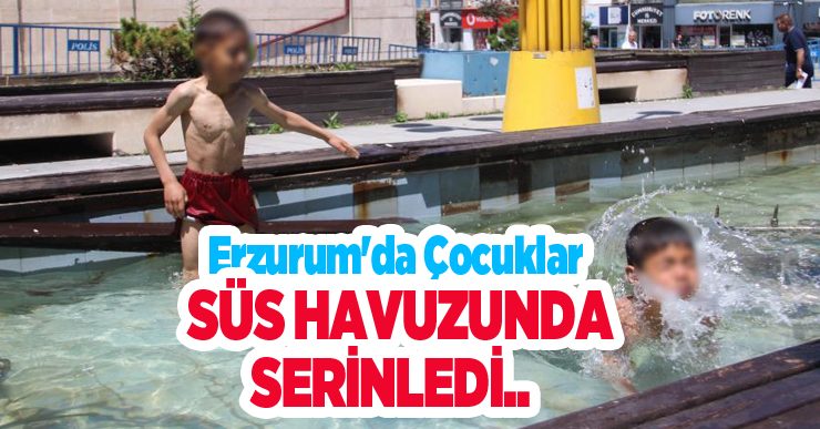 Erzurum’da çocuklar süs havuzunda serinledi…