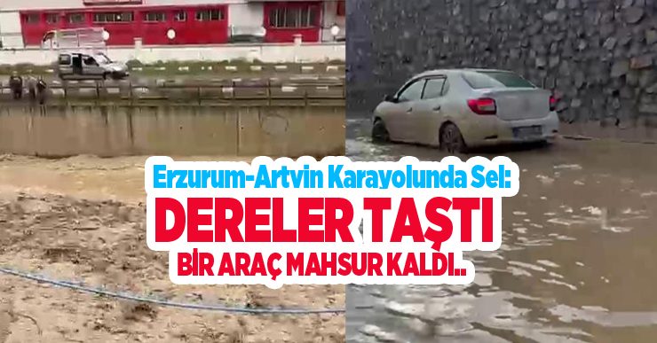 Erzurum-Artvin Karayolunda sel: Dereler taştı, bir araç mahsur kaldı..